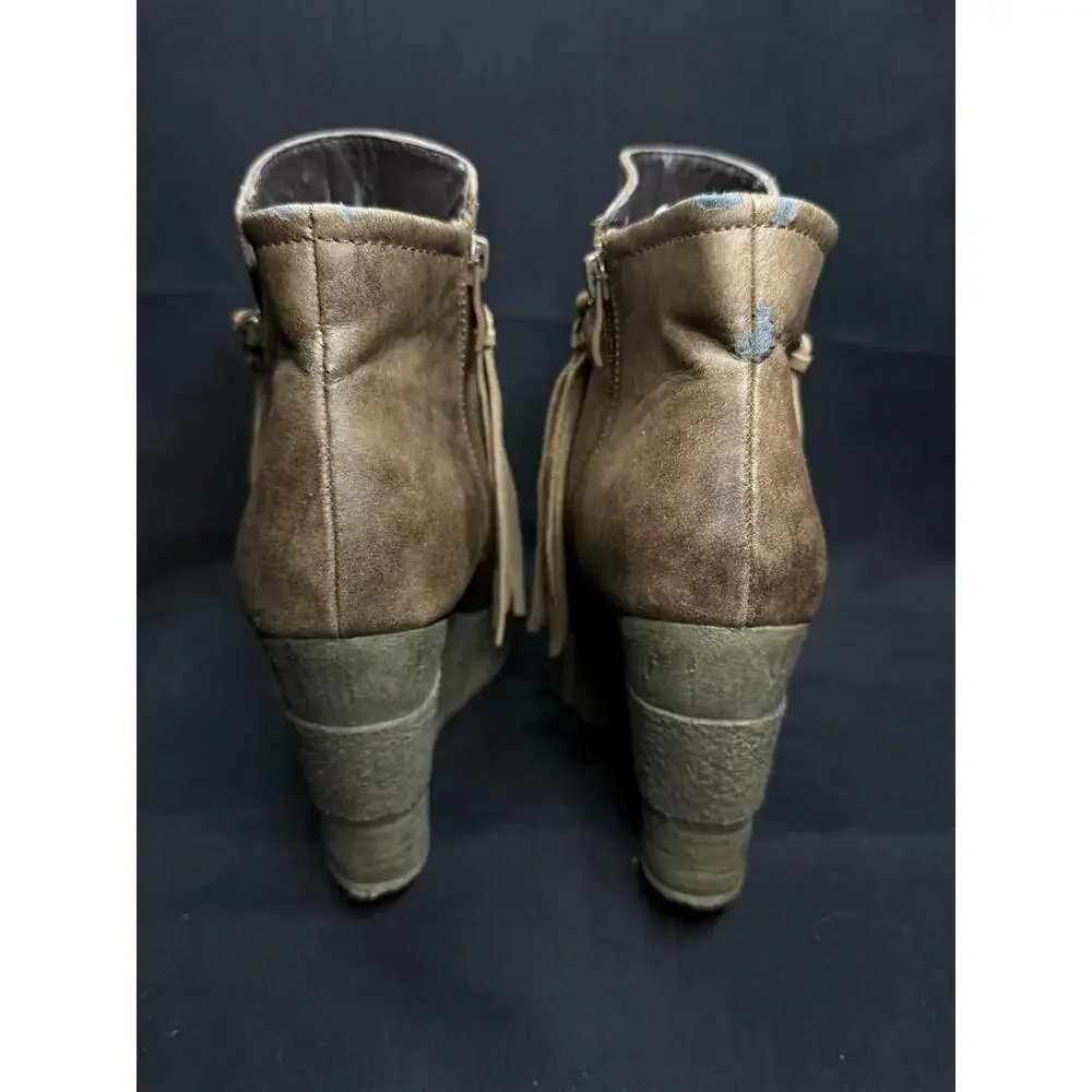 Sbicca Boots Womens Size 10 Wedge Fringe Suede Western Boho Zip Ankle‎ Booties